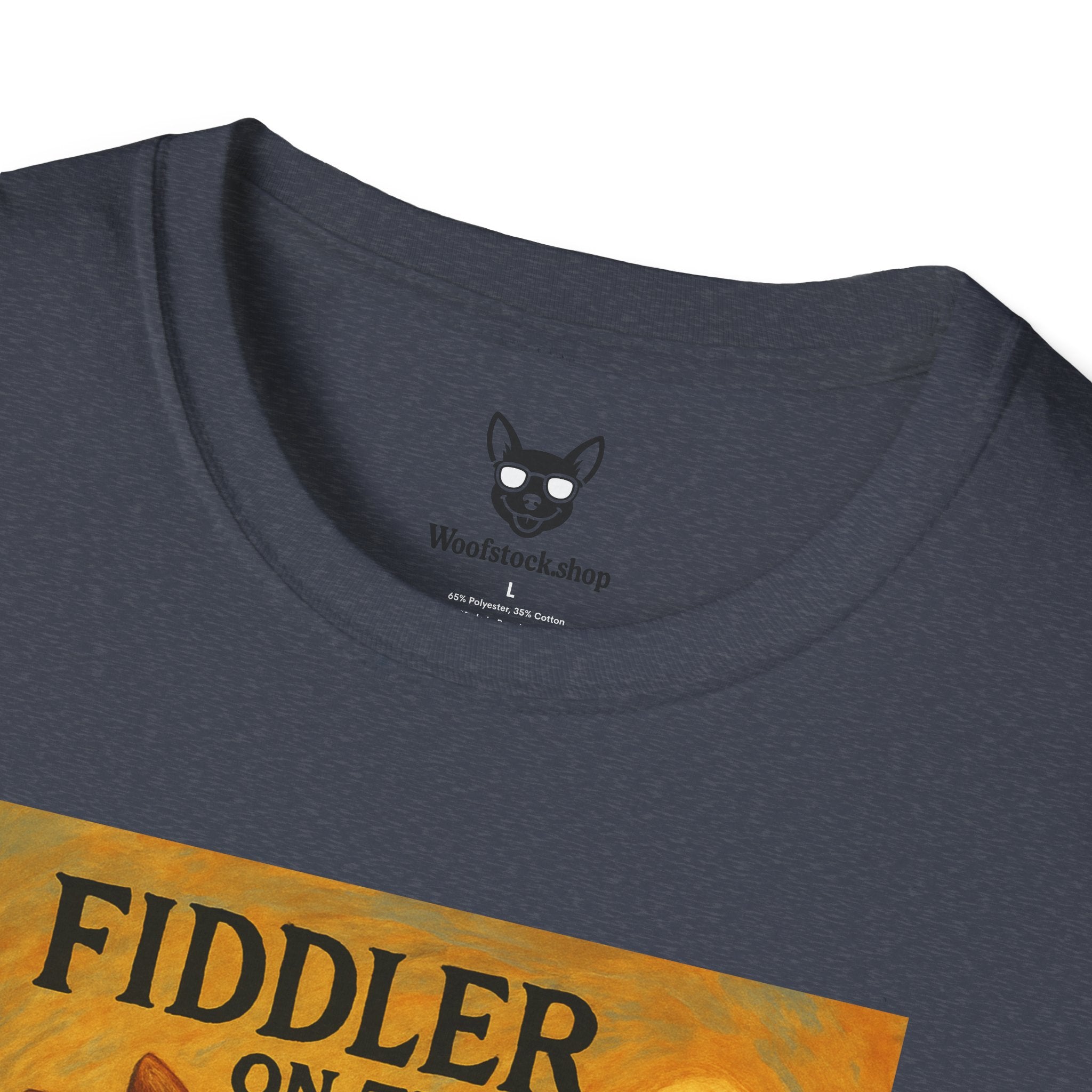 Fiddler on the Woof Broadway Poster Dog Parody Unisex Softstyle T-Shirt -- Funny Broadway Movie Tee for Theater and Dog Lovers